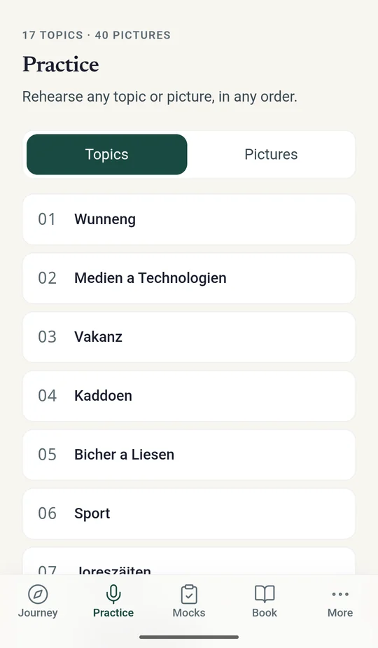 The LëtzPass app on a phone, showing the practice topics